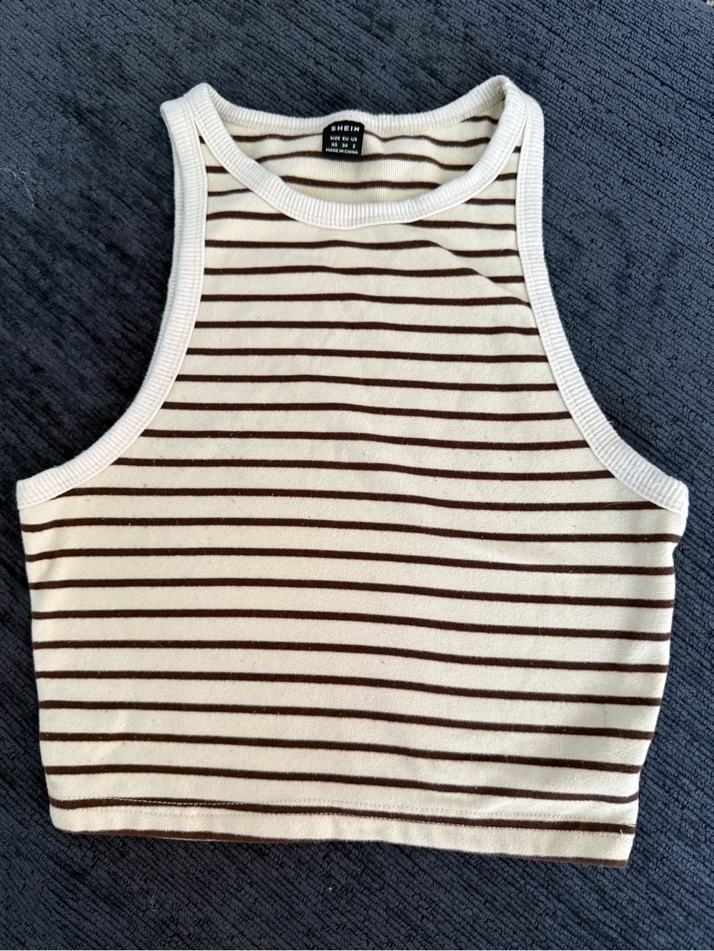 SHEIN Cream & Brown Striped Ribbed High-Neck Tank